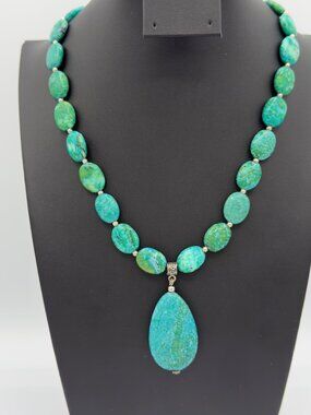 Vintage Stauer Sterling Silver Chrysocolla Pendant Necklace Green Aqua Drop 20"L